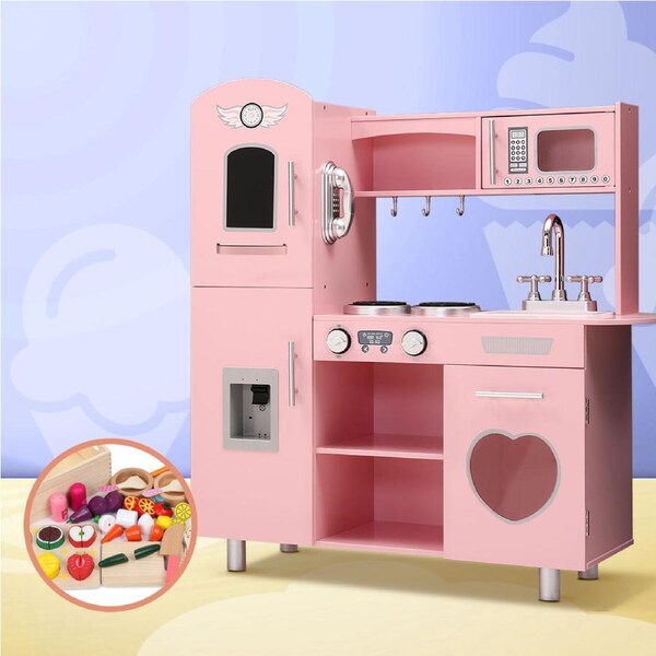 1X Keezi Kids Kitchen Wooden Pretend Play Sets Food Cooking Toys Children Pink