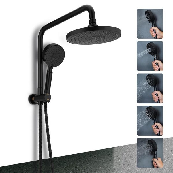 8" Rain Shower Head Set 5-MODE Handheld Gooseneck Diverter Wall Arm Round Black WELS High Pressure