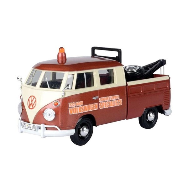 Motormax Licensed 1:24 Scale Tow Truck Volkswagen Type 2 Pickup Diecast Model Car Brown & Beige