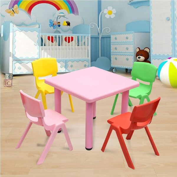 60x60cm Kid's Adjustable Square Pink Table & 4 MIxed Chairs Set