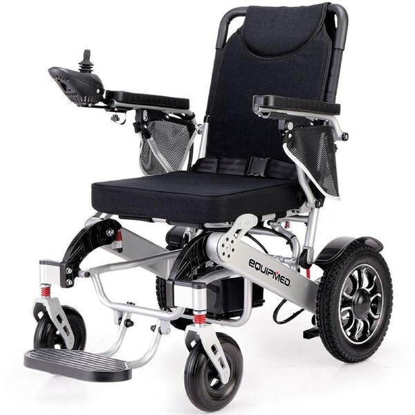 EQUIPMED Power Electric Wheelchair, Airline Approved Wheel Chair, Lightweight, Folding, Long Range, Lithium Batteries, Black & Silver