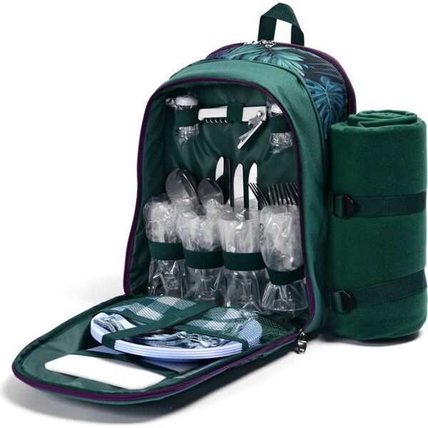 Trailmaster 4 Person Insulated Picnic Padded Backpack w/Cutlery/Glasses/Blanket