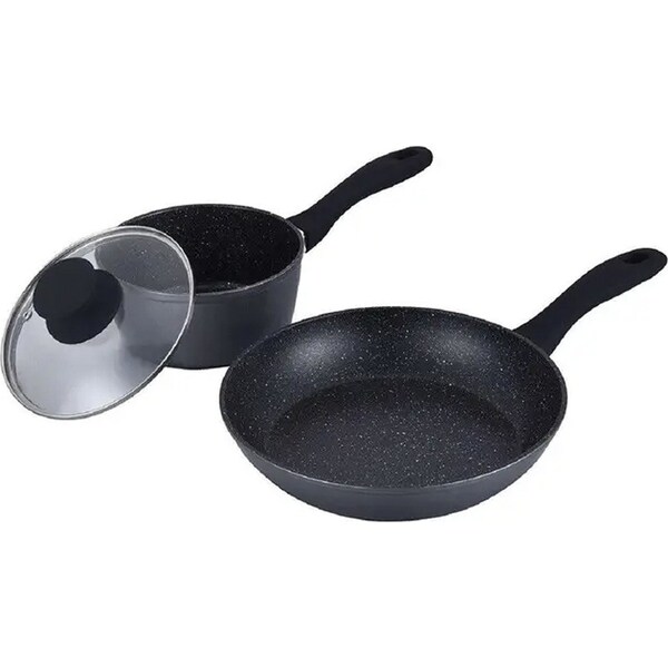 2pc StoneDine Plus 24cm Round Frypan/16cm Sauce Pan Non-Stick Cookware Set Black