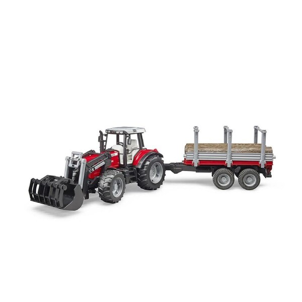 Bruder Licensed 1:16 Scale Massey Ferguson 7480 With Front Loader & Timber Trailer Red