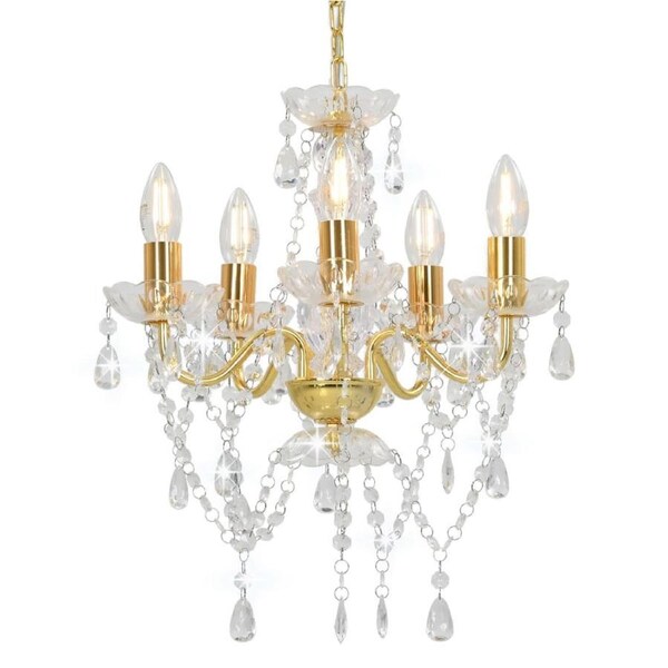 Chandelier with Crystal Beads Golden Round 5 x E14 vidaXL