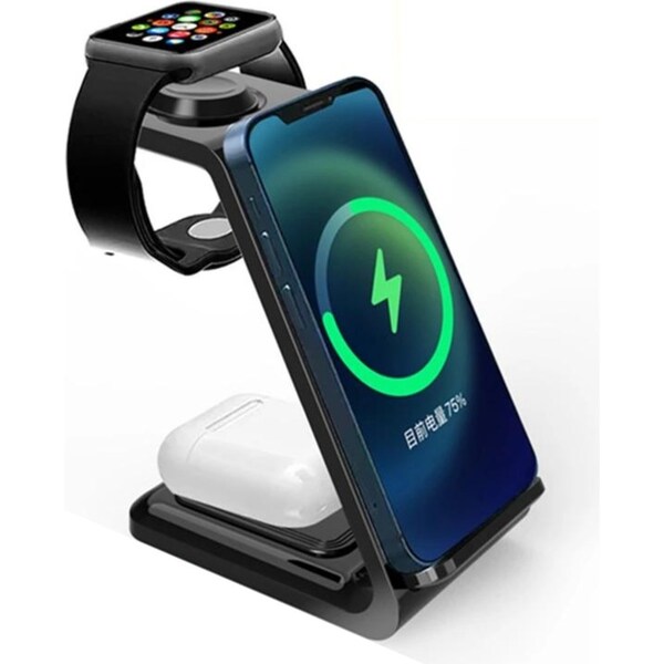3 in 1 Wireless Charger Stand Compatible with iPhone, Apple Watch & AirPods - Black