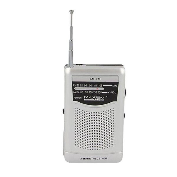 Small Pocket AM FM Radio Speaker Telescopic Antenna 3.5mm With Earphone Silver