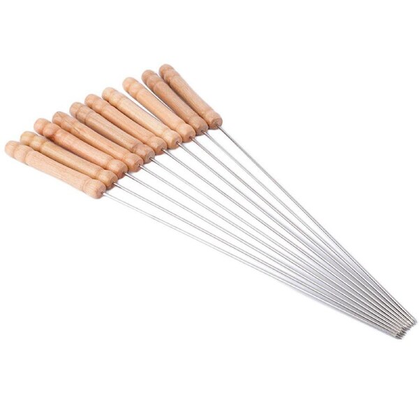 12pcs 38CM Metal BBQ Skewers Reusable Grill Kebab Wooden Handle