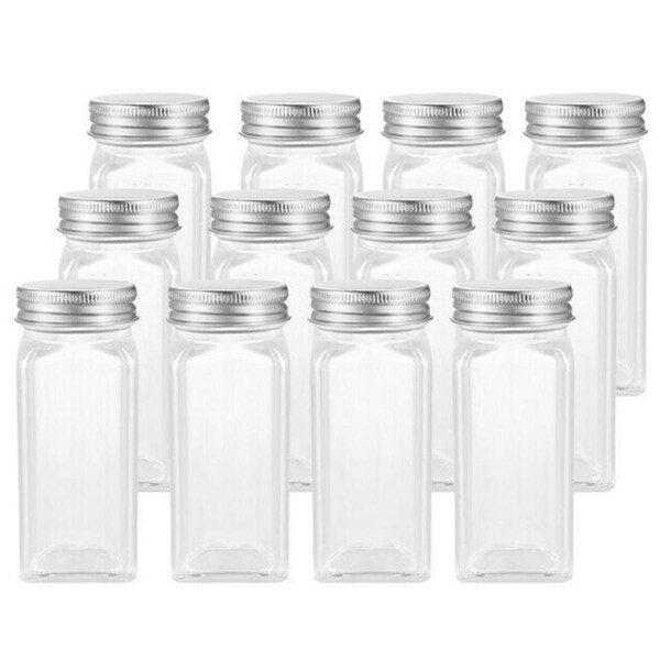12pcs Clear Glass Jars Lid Spice Herb Seasoning Condiment Storage Container