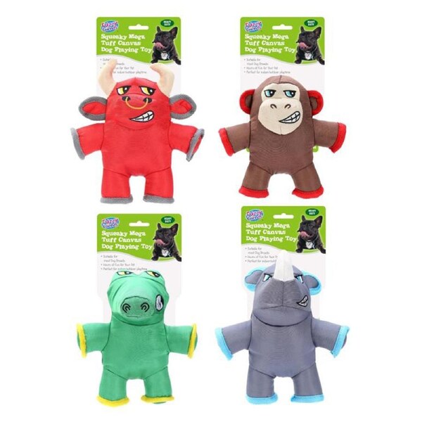 4 x Fuzzy Friends Mega Tuff Canvas Squeaky Dog Playing Pet Toys 20x19CM