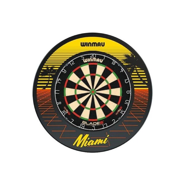 Winmau Blade 6 Dart Board + Miami Sunset Dartboard Surround + Darts Set
