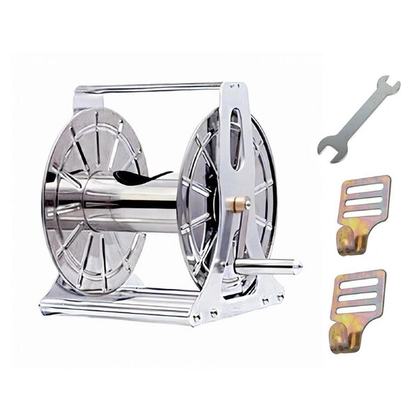 Large Stainless Steel Garden Hose Reel Cart Portable Pipe Holder Heavy Duty Water Pipe Storage Rack With Crank Handle for 1/2inch Hose up to 60M
