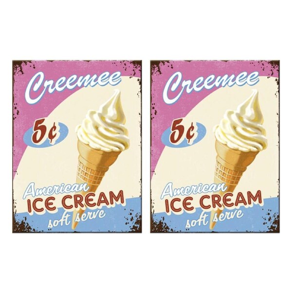2PK Nostalgic Art Ice Cream Colour Printed Fridge Rectangle Magnet Décor 6x8cm