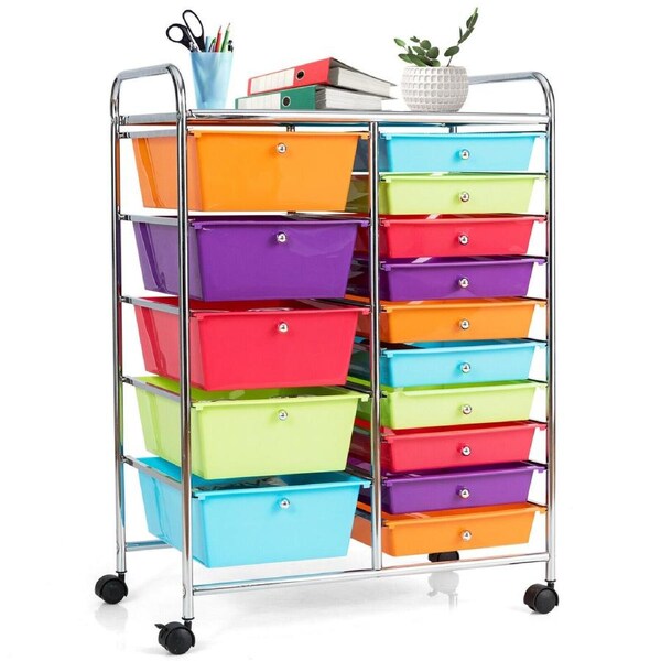 Giantex 15 Drawers Organizer Cart Rolling Storage Trolley With Wheels Home Office Multi Colour