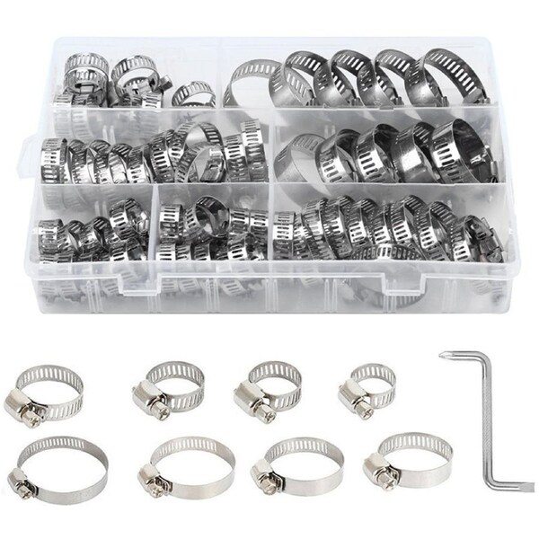 91pcs Stainless Steel Hose Clamps Clips Range Worm Gear Pipe Clamp Kit