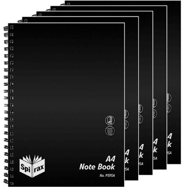 Spirax P595A Notebook 8mm Ruled Polypropylene Cover Spiral 240 Page A4 Black 5 Pack