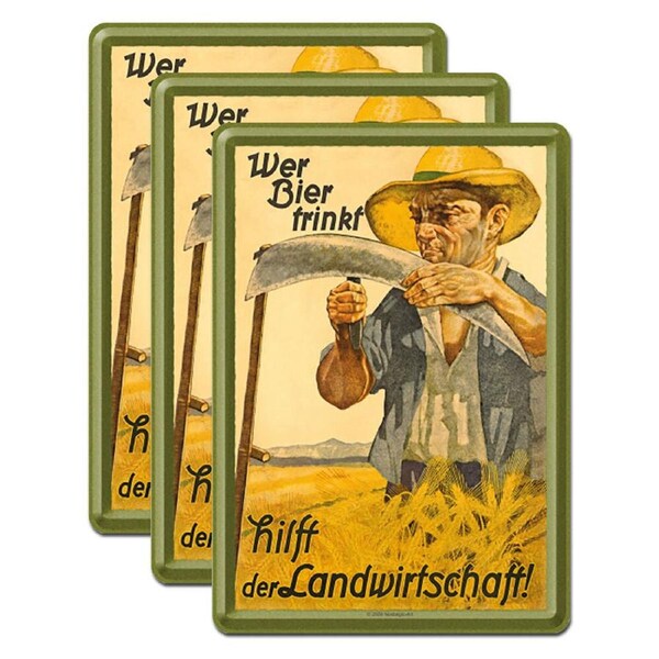 3PK Nostalgic Art Metal/Paper Postcard Who Drinks Beer Helps Agriculture 10x14cm