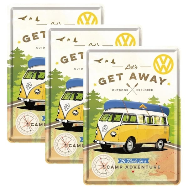 3PK Nostalgic Art Metal/Paper Mail Postcard Volkswagen Get Away w/Envelope 14cm