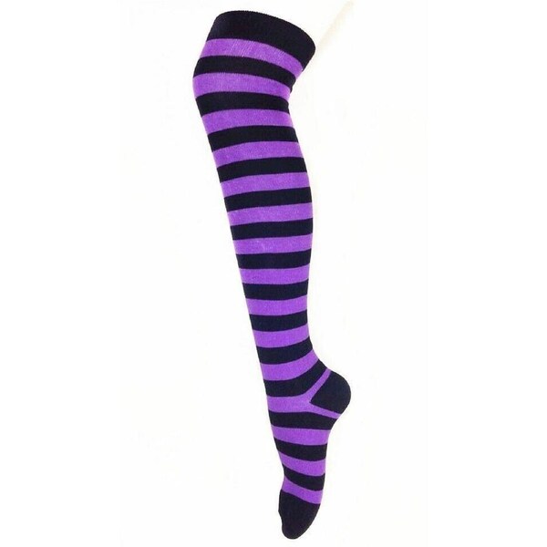 Over The Knee High Socks Striped Girls Women Cheerleader Stripe - Black & Purple