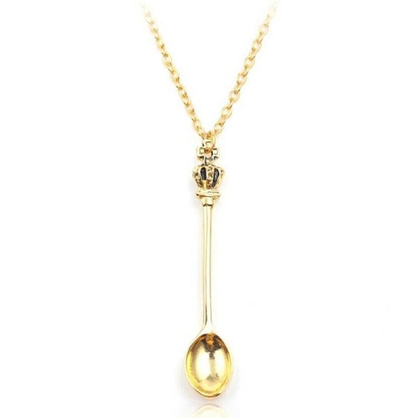Mini Crown Spoon Necklace Pendant Charm Festival Cutlery Royal Tea Party -Gold