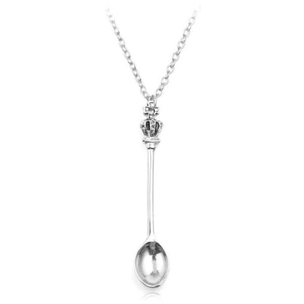 Mini Crown Spoon Necklace Pendant Charm Festival Cutlery Royal Tea - Silver
