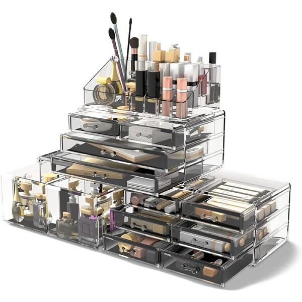 Makeup Cosmetic Organizer Storage Drawers Display Box Case 12 Drawer Clear Grey