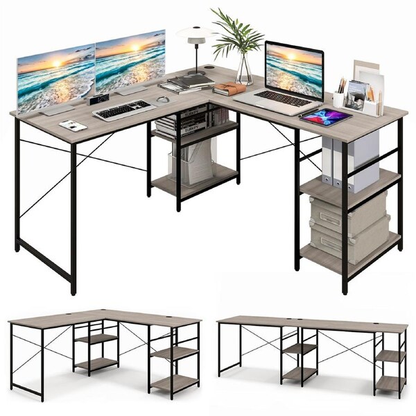 Giantex L-shaped Computer Desk Convertible Corner Desk w/Storage Shelves & CPU Stand 2-Person Study Writing Workstation Home Office Grey