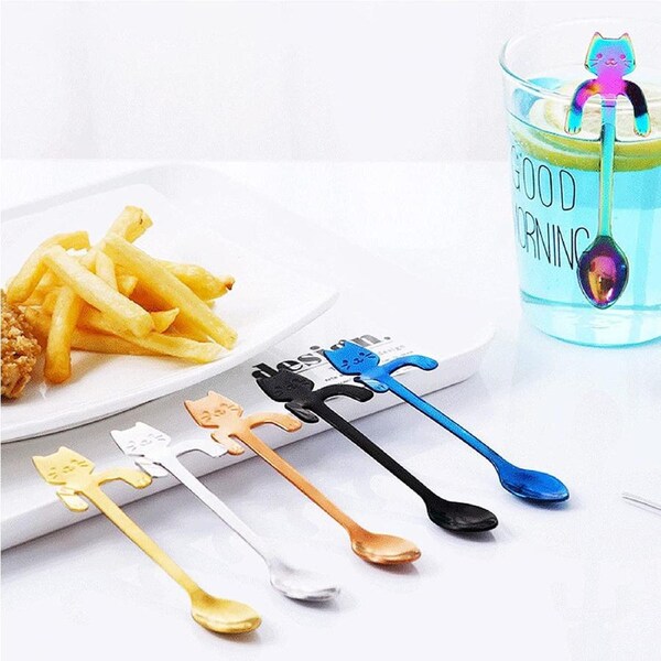 6 Pack Cat Spoon Coffee Tea Spoon Stainless Steel Hanging Cup Teaspoons