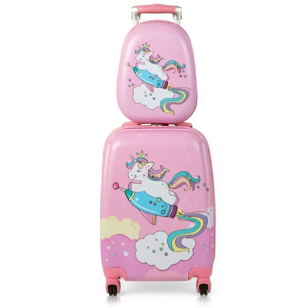 Costway 2pcs Luggage Set 13"+18" Travel Trolley Dinosaurs Rolling SuitcaseBackpack Gift Pink