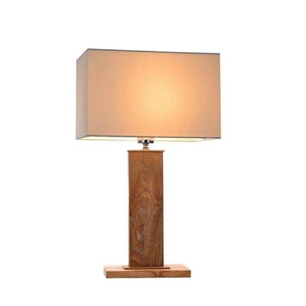 Dionne Modern Elegant Metal Body Wooden Stand Table Lamp Square Fabric Light Shade - Wood & Creamy White Fabric.
