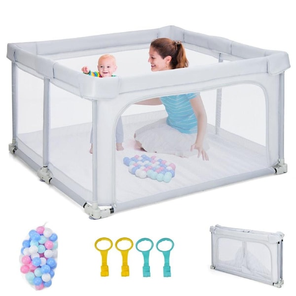 Giantex Baby Foldable Playpen Interactive Activity Center Kids Safety Gate w/Balls & Pull Rings Grey