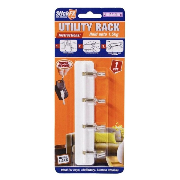 Self Adhesive Permanent 4 Hook Utility Rack Hold Upto 1.5Kg 12cm Length