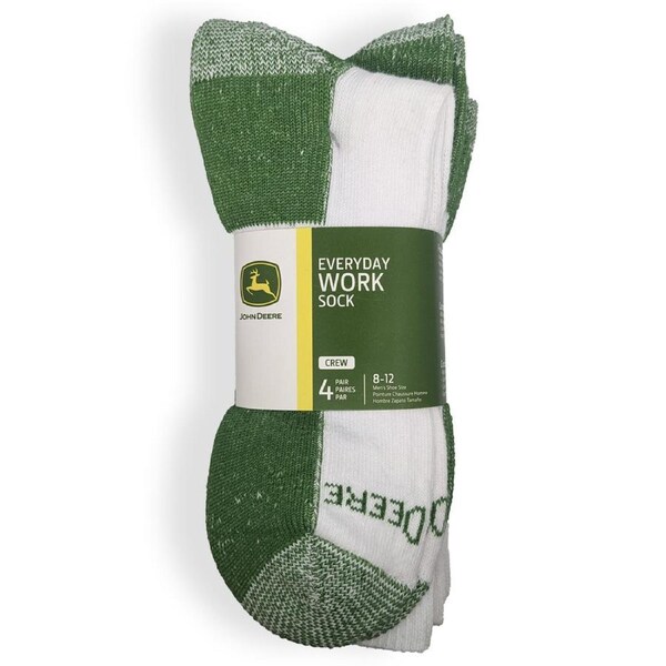 4 Pairs John Deere White/Green Crew Comfort Work Socks Size 8-12 LP68847-JD