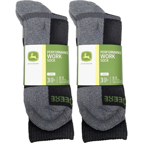 6 Pair John Deere Black/Grey Crew Work Comfort Thick Socks Size 8-12 LP73319-JD