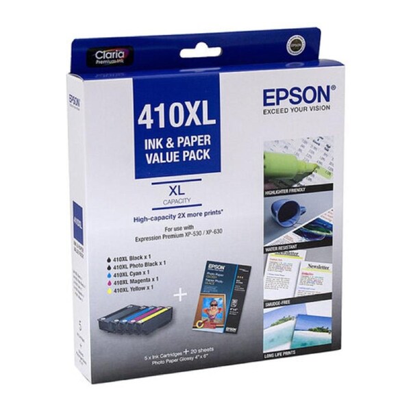 Epson 410XL Inks and Paper Value Pack - Contains 5 x 410XL Ink Cartridges: Black, Photo Black, Cyan, Magenta, Yellow plus 4" x 6" Photo Paper Glossy