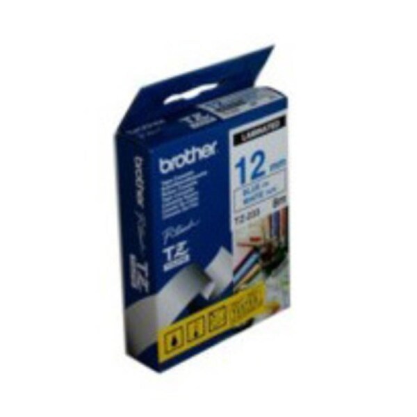 Brother TZe-233 / 12mm Blue Text On White Laminated Labelling Tape - 8 Metres