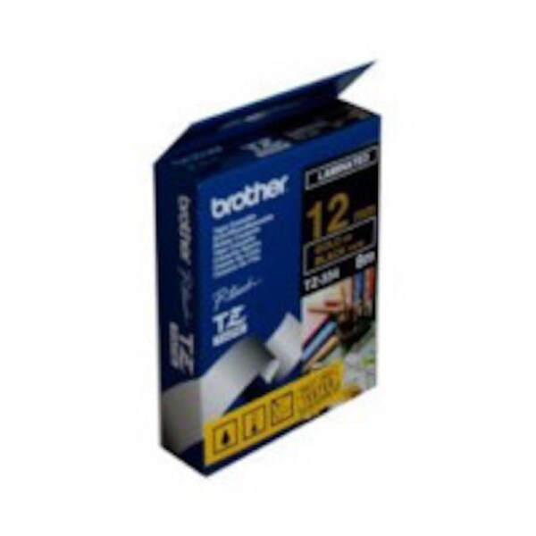 Brother TZe-334 / 12mm Gold Text On Black Laminated Labelling Tape - 8 Metres