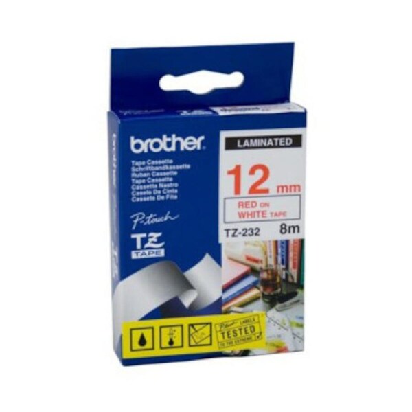 Brother TZe-232 / 12mm Red Text On White Laminated Labelling Tape - 8 Metres