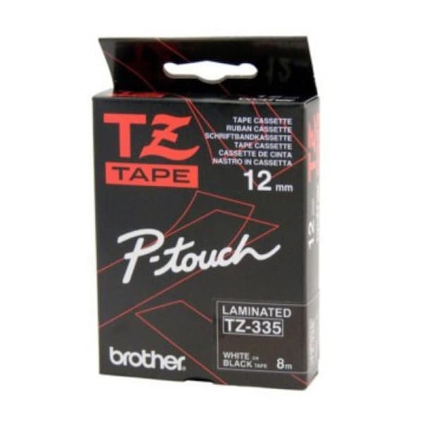 Brother TZe-335 / 12mm White Text On Black Laminated Labelling Tape - 8 Metres
