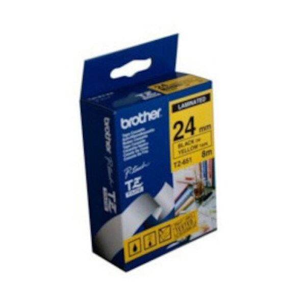 Brother TZe-651 / 24mm Black Text On Yellow Laminated Labelling Tape - 8 Metres