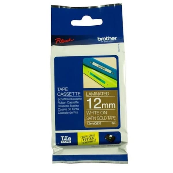 Brother TZe-MQ835 White on Satin Gold Label Tape - 12mm x 5M