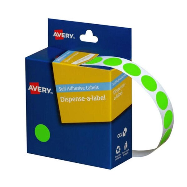 Avery Dispenser Dot Sticker Fluoro Green 14mm - 700 Labels per Roll