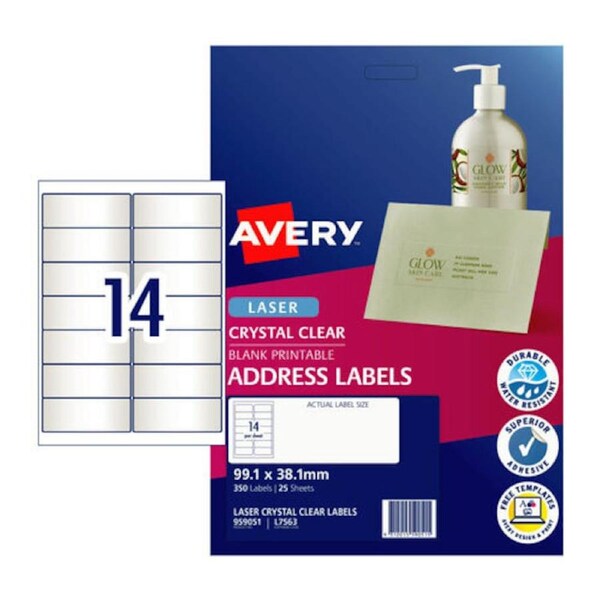 Avery Laser Label Addr Clear L7563 99.1x38.1mm - 14Up Pack 25