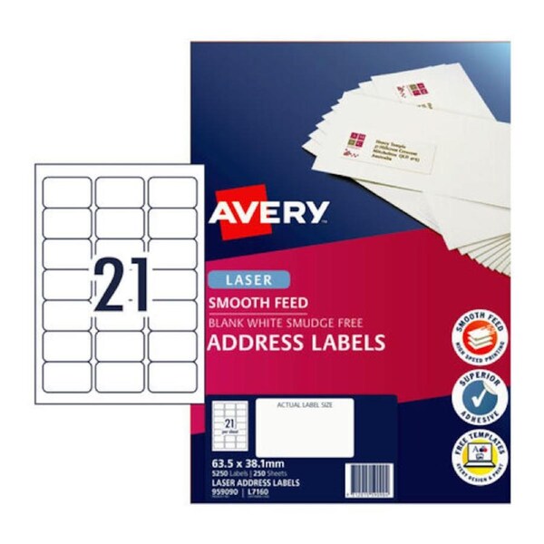 Avery Laser Label L7160 63.5x38.1mm - 21Up Pack 250