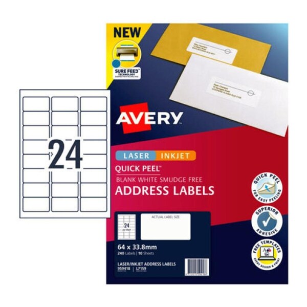 Avery LIP Label Address Quick Peel L7159 64x33.8mm - 24Up Box 10