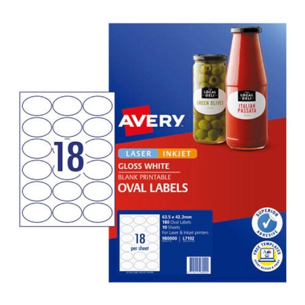 Avery Label Gloss Oval L7102 63.5x42.3 18Up Pack 10
