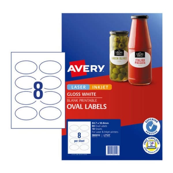 Avery Label Gloss Oval L7137 84.7x50.8mm - 8Up Pack 10