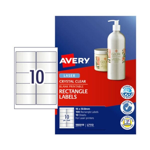 Avery Label Laser Clear Rectangle L7113 96x50.8 8mm - 10Up Pack 10