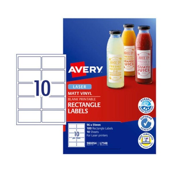 Avery Laser Label Rectangle L7148 96 x 51mm - 10Up Pack 100