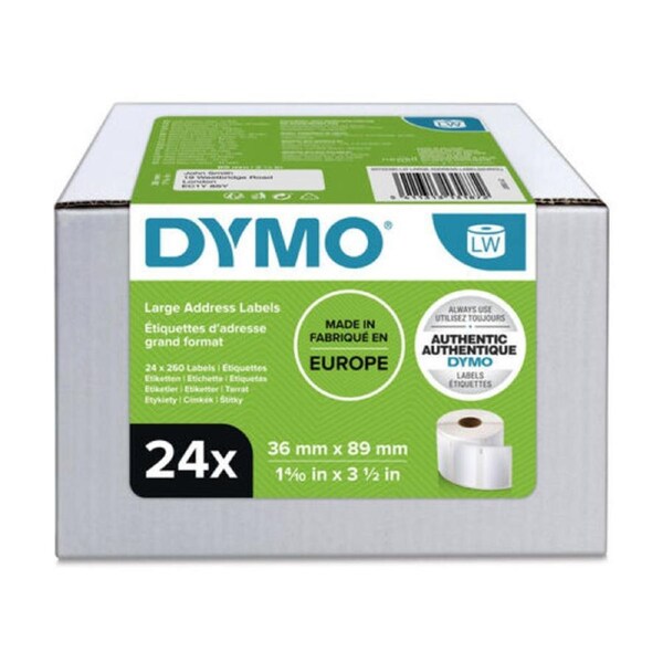 Dymo LabelWriter Large Address Labels - 36mm x 89mm Carton of 24 Rolls of 260 Labels (S0722390)